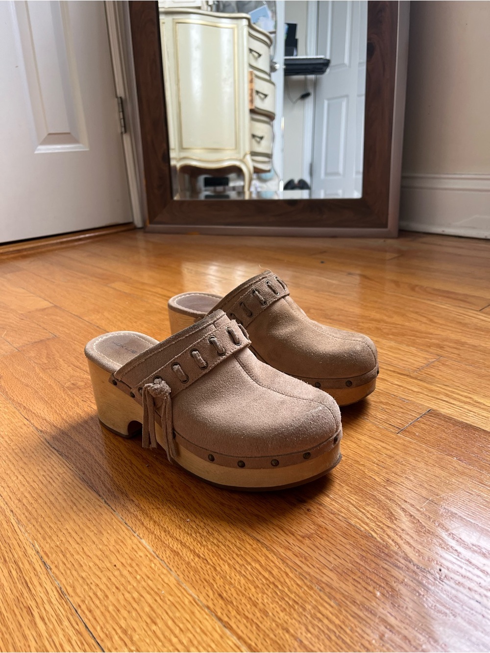2000s Suede Taupe Clog Mules with Stud and Tassel Detail - Picture 2 of 7